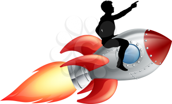 A businessman seated riding a rocket. Concept for innovation, success or breaking new ground in business.