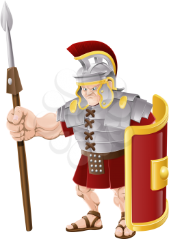 Illustration of strong looking Roman soldier with spear and shield
