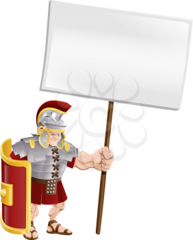 Cartoon illustration of a tough looking Roman soldier holding a sign board
