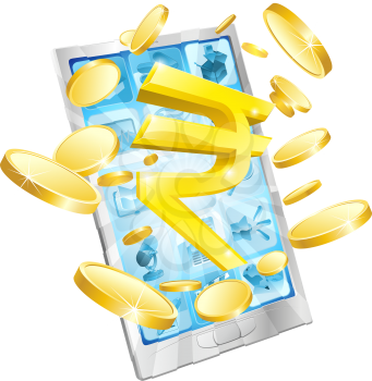 Rupee money phone concept illustration of mobile cell phone with gold Rupee sign and coins