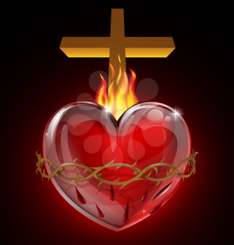 Illustration of the Most Sacred Heart of Jesus. A bleeding heart with flames, pierced by a lance wound with crown of thorns and cross.
