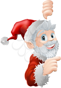 Cute cartoon Santa peeking round a sign or similar and showing or pointing at the information or image on it
