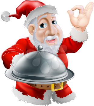 A cartoon happy Santa  doing a chef's perfect sign with his hand and holding a covered metal plate of food