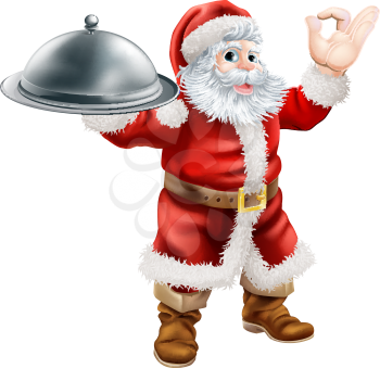 An illustration of Santa Claus doing a chef's perfect sign with his hand and holding a covered tray of food