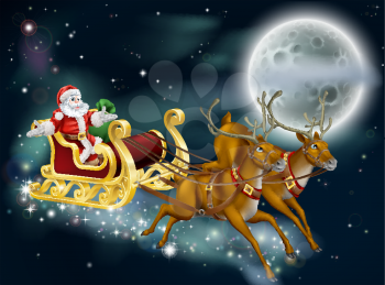 A Christmas illustration of Santa delivering gifts on Christmas Eve night with the moon in the background