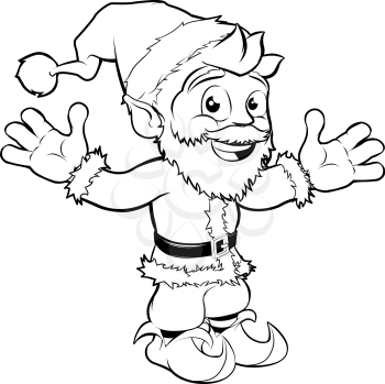 Monochrome Christmas drawing of happy Santa smiling and waving