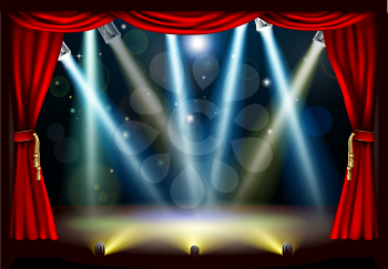 A spotlight theatre stage with coloured spotlights and red stage curtain drapes