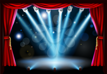 Stage background illustration with blue stage spot lights pointing to the centre of the stage and red curtain frame