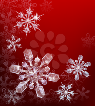 A red Christmas snowflake background with beautiful transparent crystal snowflakes