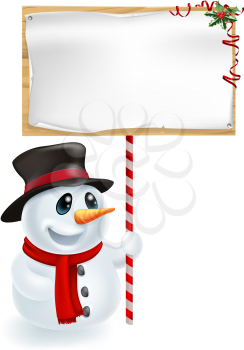 Happy Christmas snowman holding a Christmas sign and smiling