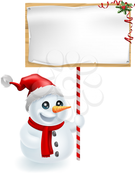 A cute Christmas snowman with Santa hat holding a Christmas sign