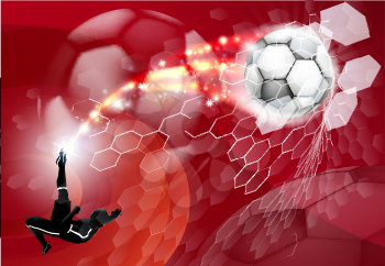 An abstract red soccer sport background with detailed silhouette of a soccer player kicking a soccer ball, smashing it through an abstract goal net
