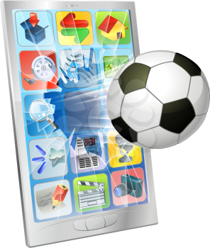 Illustration of an soccer football ball flying out of mobile phone screen