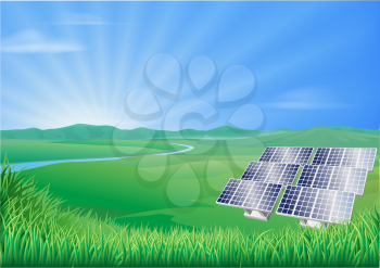 Illustration of solar panels in green landscape for sustainable renewable energy power generation 