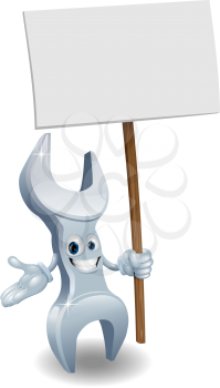 A wrench or spanner cartoon character holding up a sign post