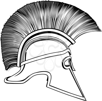 Black and white illustration of a side on ancient Greek Warrior helmet, Spartan helmet, Roman helmet or Trojan helmet.