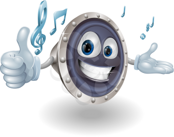 A happy speaker mascot giving a thumbs up with musical notes