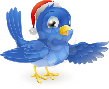 Illustration of pointing bluebird wearing Christmas Santa Hat