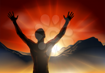 A man at sunrise or sunset with hands raised and sun rising over mountains.