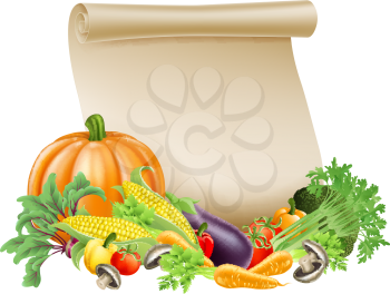Illustration of thanksgiving; harvest festival or fresh produce scroll background of paper scroll sou rounded by fresh vegetables and fruit with copyspace