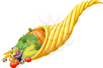 Illustration of thanksgiving or harvest festival cornucopia horn full of fresh produce food
