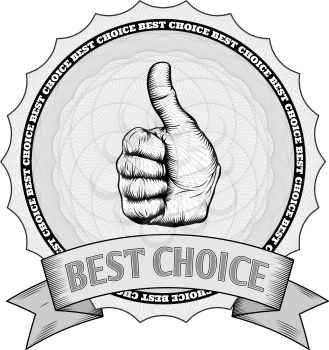 Detailed thumbs up best choice award winner badge with Guilloche patterns. In vector file image is arranged in handy layers.