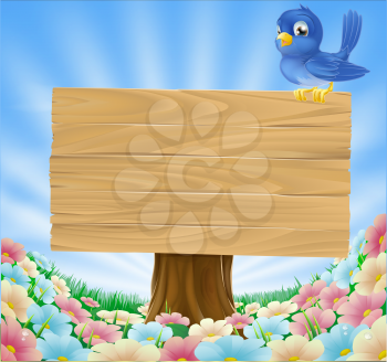 Cartoon blue bird sitting on a wooden sign board in a flower meadow
