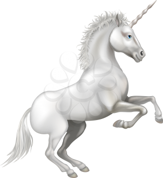 Illustration of a friendly happy smiling cartoon unicorn rearing on its hind legs