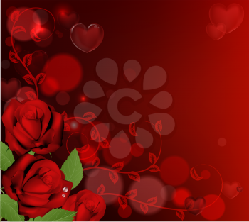 Red valentines day background with heart shaped bubbles and red roses