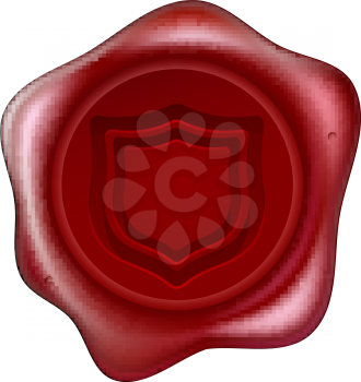 A red sealing wax seal with a shield motif embossed on it. Concept for guaranteed secure or similar.