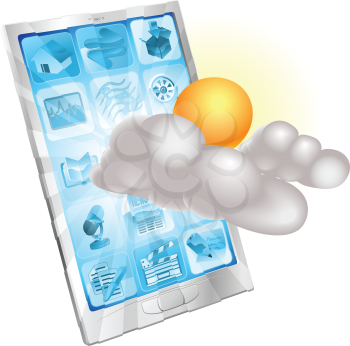 Weather sun and cloud icon coming out of phone screen concept