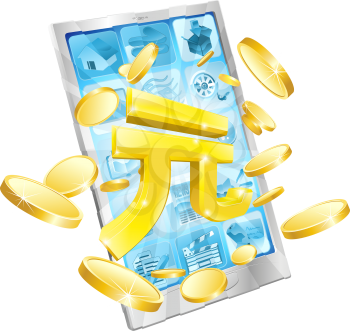 Yuan money phone concept illustration of mobile cell phone with gold Yuan sign and coins