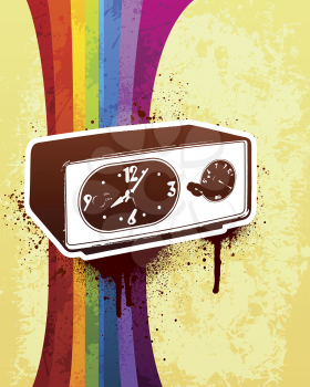 Royalty Free Clipart Image of a Retro Clock on a Rainbow Stripe