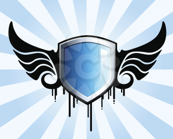 Royalty Free Clipart Image of a Blue Shield With Wings and a Striped Background