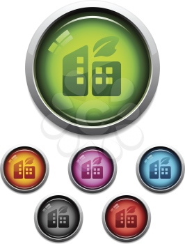 Royalty Free Clipart Image of Buttons With Buildings and Leaves
