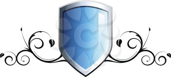Royalty Free Clipart Image of a Blue Shield With Flourishes
