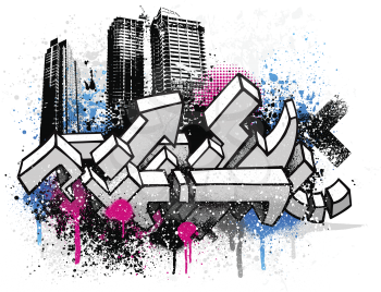 Royalty Free Clipart Image of a Graffiti Grunge Sketch by Urban Buildings
