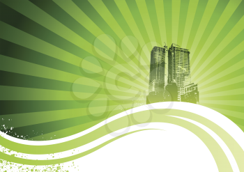 Royalty Free Clipart Image of a Green Flowing Background With City Buildings
