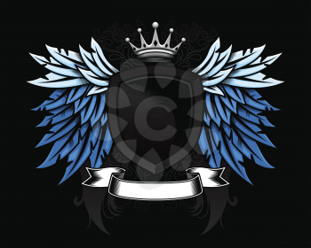 Royalty Free Clipart Image of a Winged Shield and Scroll