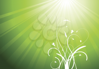 Royalty Free Clipart Image of a Floral Flourish on Green Background With Beams