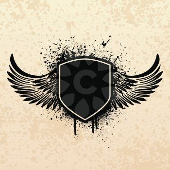 Royalty Free Clipart Image of a Black Shield on a Grunge Background