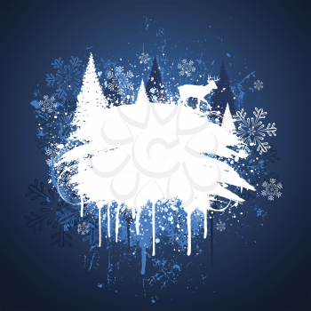 Royalty Free Clipart Image of a Grunge Background With Trees and a Reindeer