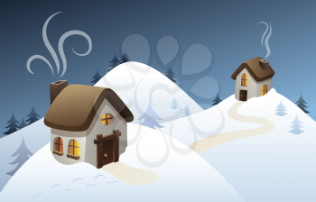Royalty Free Clipart Image of Snowy Scene With Two Houses