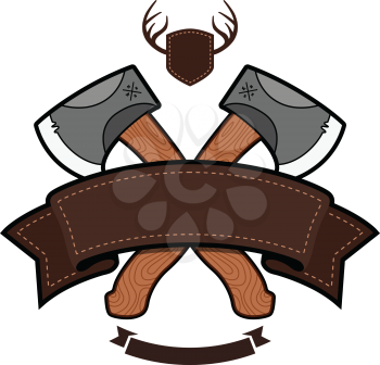 Outdoor themed emblem with axe and ribbon graphic