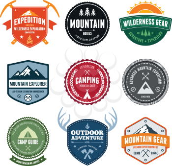 Set of mountain adventure and expedition badges