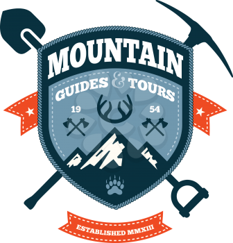 Mountain themed outdoors emblem with tools and axes