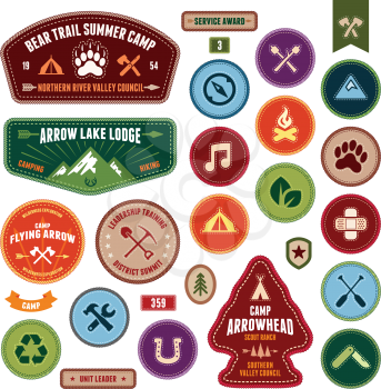 Set of scout badges and merit badges for outdoor activities