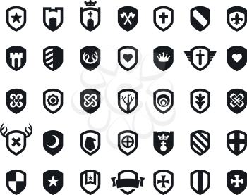 Set of 35 shield icons with various medieval and modern symbols