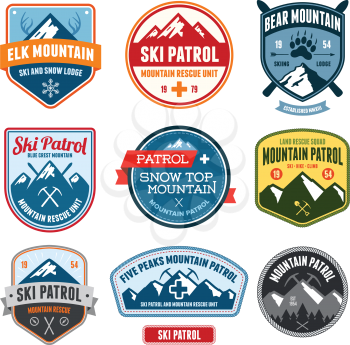 Set of ski patrol mountain badges and patches
