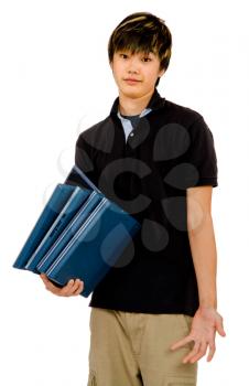 Royalty Free Photo of a Young Male Holding Laptops and Giving a Hand Gesture